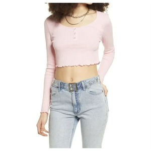 BP. Pink Cropped Long Sleeve Button Scoop Neck Textured Top XL 90s Cute Y2K